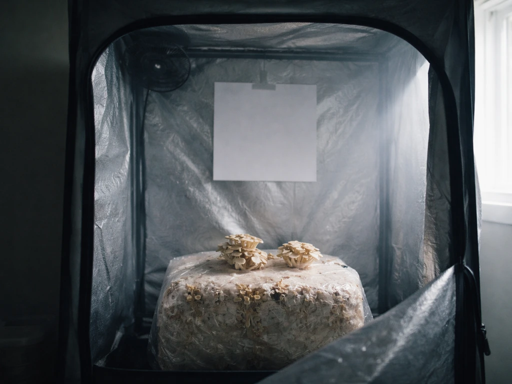 Minimal grow tent with a few culinary mushrooms and a blank posted compliance-style notice sheet.