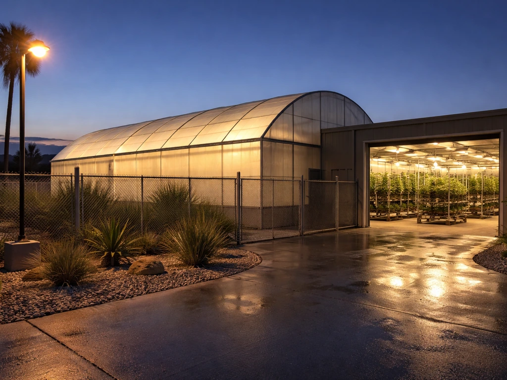 Dusk view of a California cannabis grow facility with greenhouse and grow racks, no people present.