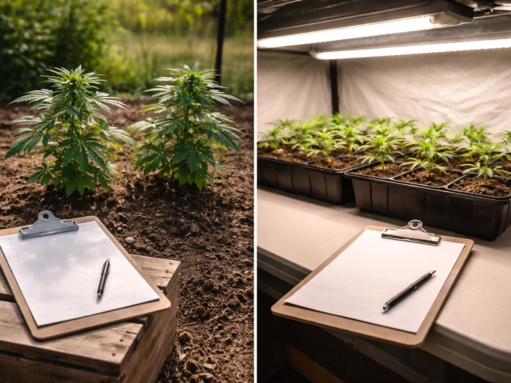 Minimal outdoor vs indoor cannabis grow setup with clipboards, showing cost difference by grow type.