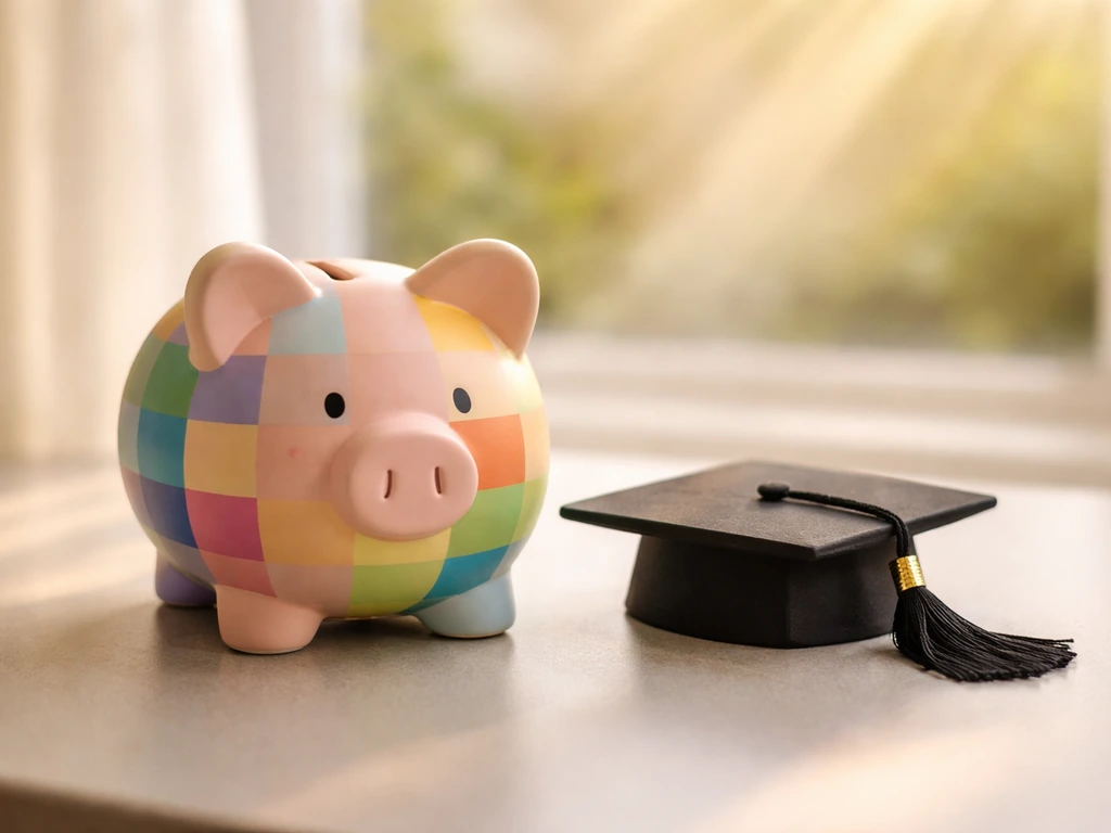 Piggy bank and graduation cap on a clean desk symbolizing tax-free growth for 529 college savings