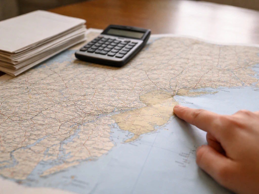Folded US map with New Jersey softly highlighted, finger pointing, finance documents nearby.