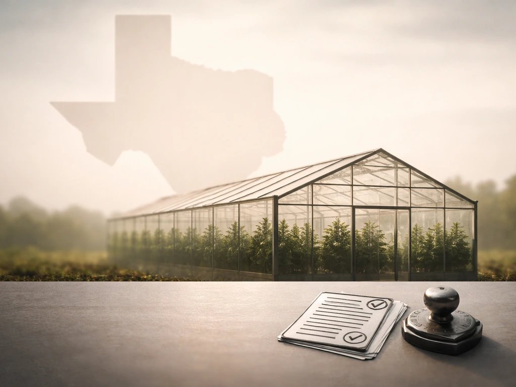 Minimal Texas map background with a greenhouse silhouette and subtle licensing icons, no text.