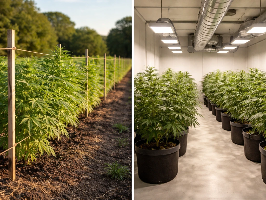 Split minimal photo scene showing Texas hemp growth and separate medical low-THC cannabis cultivation setting.
