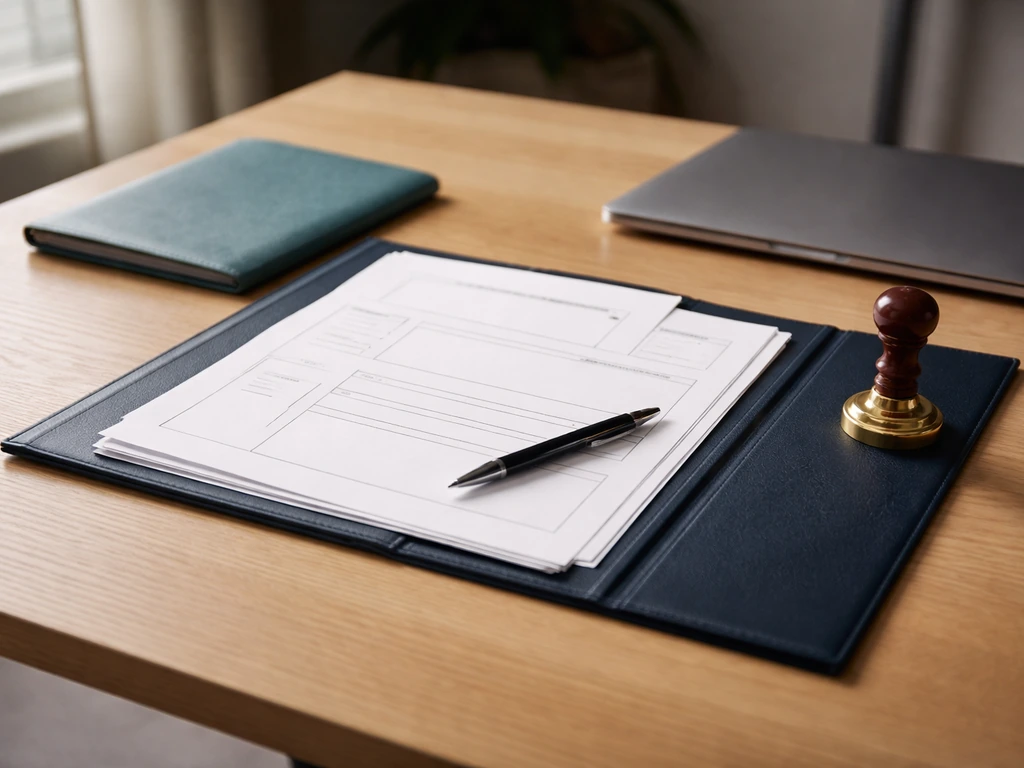 Desk with legal formation paperwork, unsigned LLC/corporation documents, and a pen beside a laptop in a minimal office.