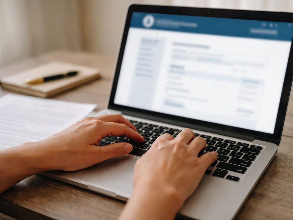 Close-up of hands filling a hemp grower license form on a laptop at a simple desk with natural light.