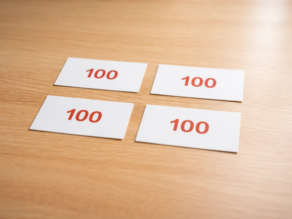 Four simple white fee cards with “100” numerals spread on a wooden desk in natural light.