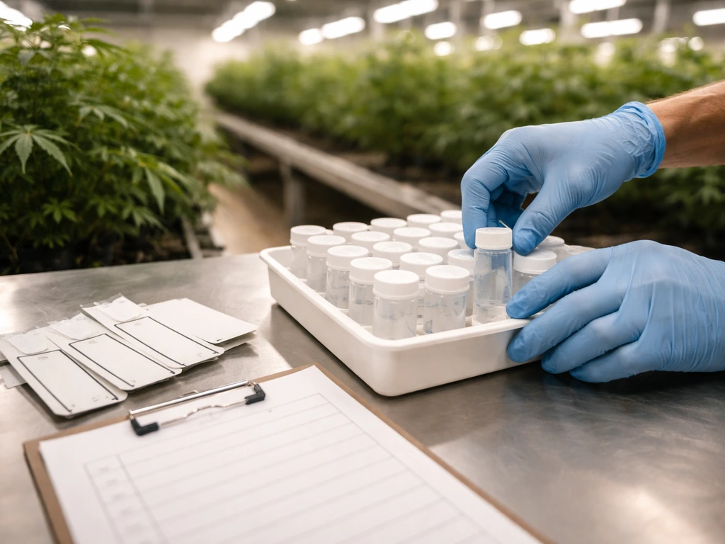 Close-up of a grower’s hands setting up labeled sample containers and tags for pre-harvest compliance