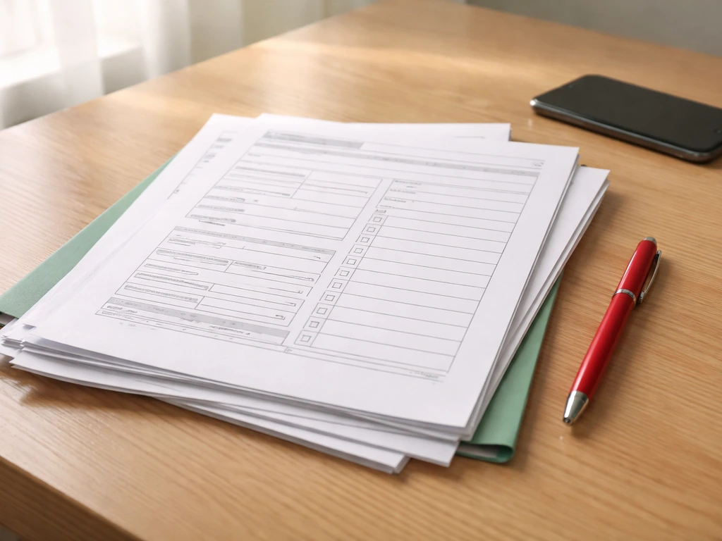 Stack of generic application papers with an incomplete checklist on a wooden desk, red pen nearby.