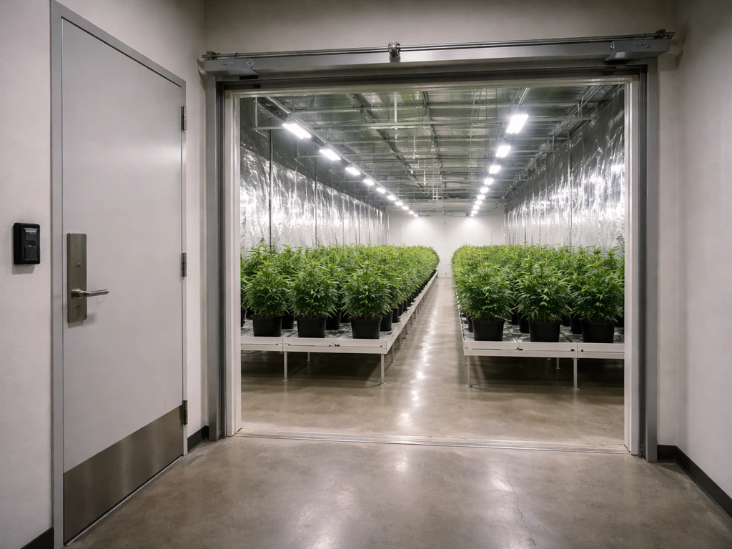 Well-lit Colorado cannabis grow facility interior with grow rooms and limited-access doors, security-focused.
