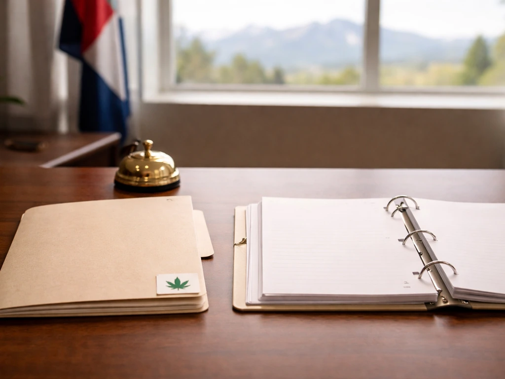 Minimal desk scene with blank binder and folder suggesting cannabis cultivation licensing connection to dispensary suppl