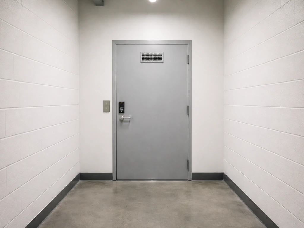 Locked industrial door and clearly separated limited-access room in a compliant grow facility corridor.