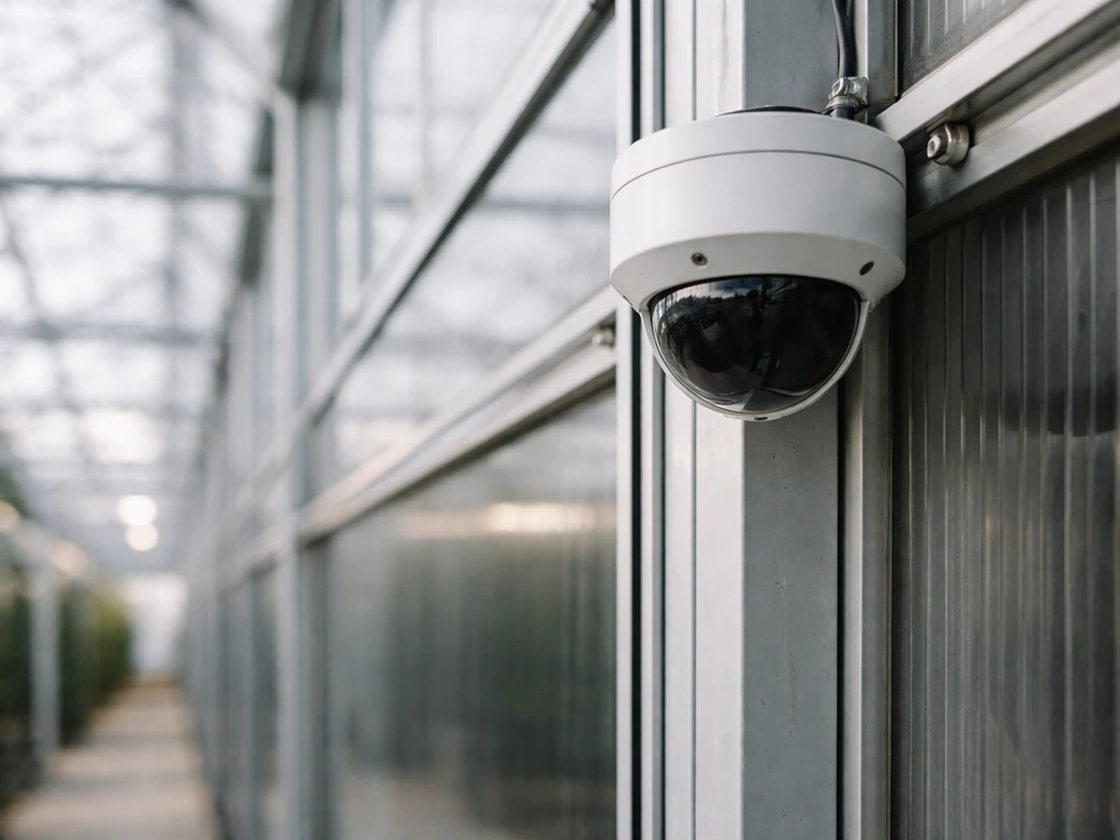 Surveillance camera mounted in a greenhouse corridor, covering limited-access hallway with security-ready hardware.