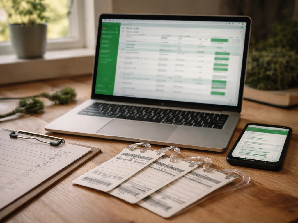 Close-up desk with laptop showing non-branded inventory logging UI and blank harvest batch tags.