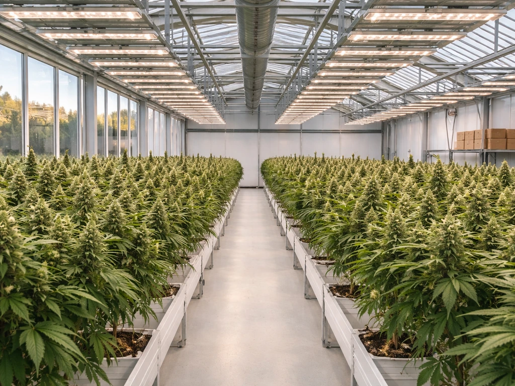 Bright greenhouse grow facility interior with organized plants and LED racks, clean and regulated.