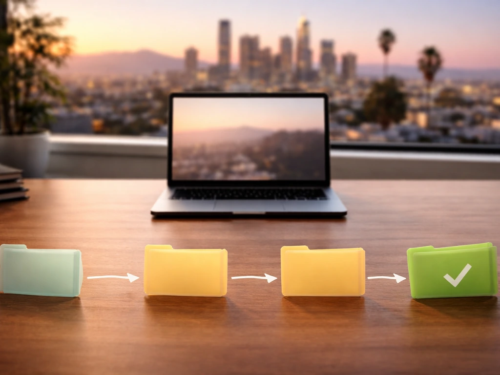 Laptop on a desk with unlabeled folder cards arranged to suggest a California licensing workflow.