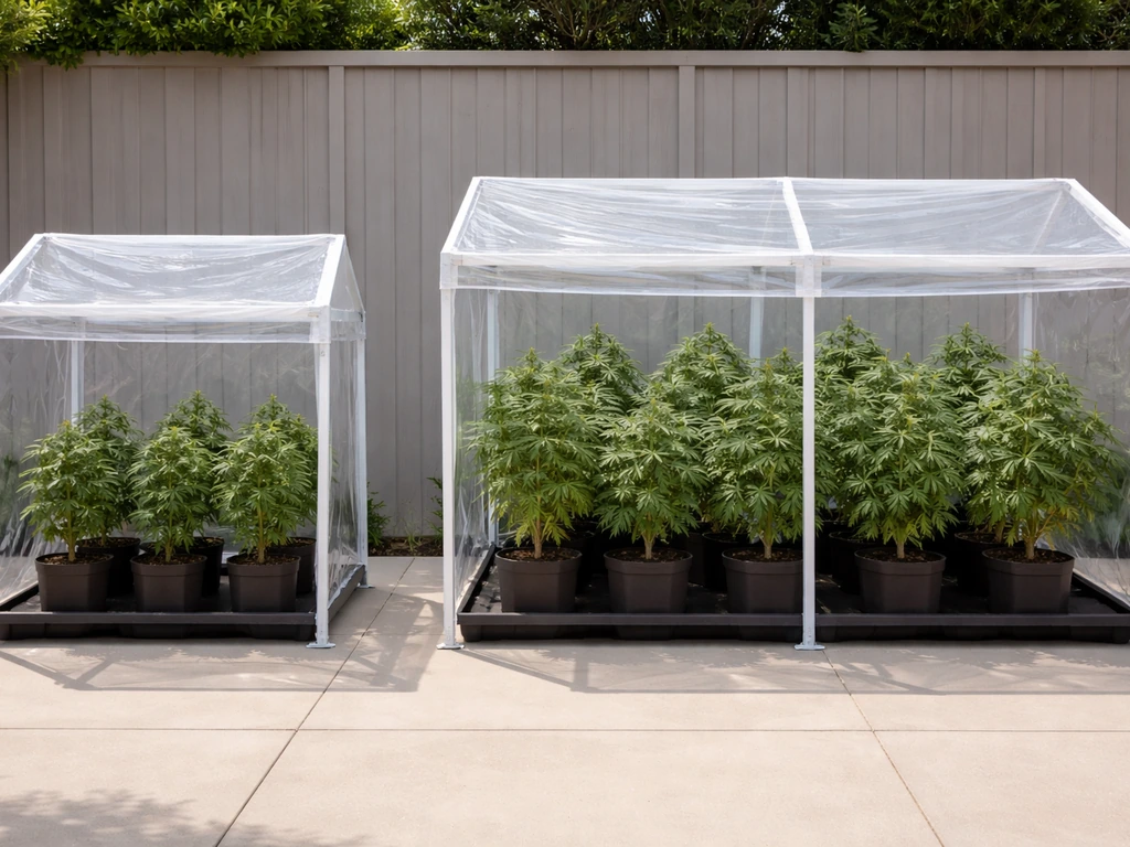 Side-by-side small and larger outdoor grow canopies in simple trays, showing different scale sizes