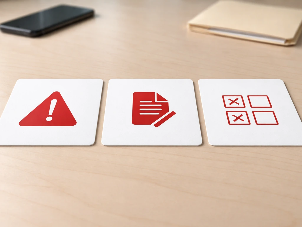 Minimal desk scene with three separated red-flag cards showing missing authorization, wrong license details, and incompl