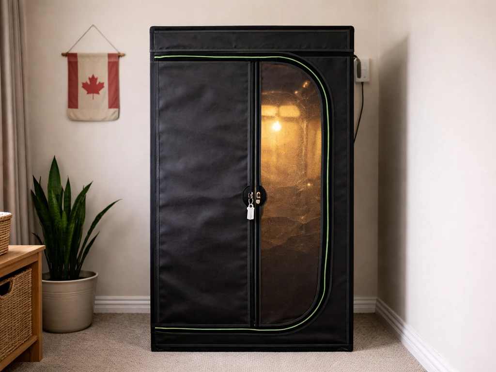Locked indoor cannabis grow tent in a tidy Manitoba home setting, symbolizing authorization steps.