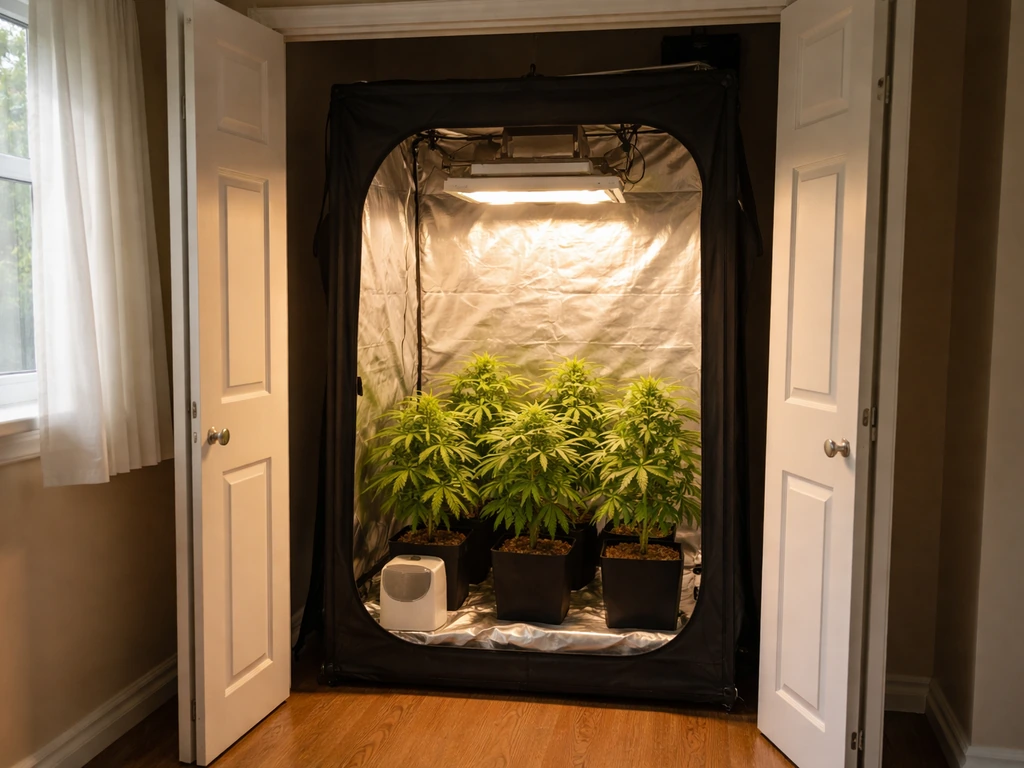 Small indoor cannabis grow setup with lights and tidy plants in a home closet in Manitoba