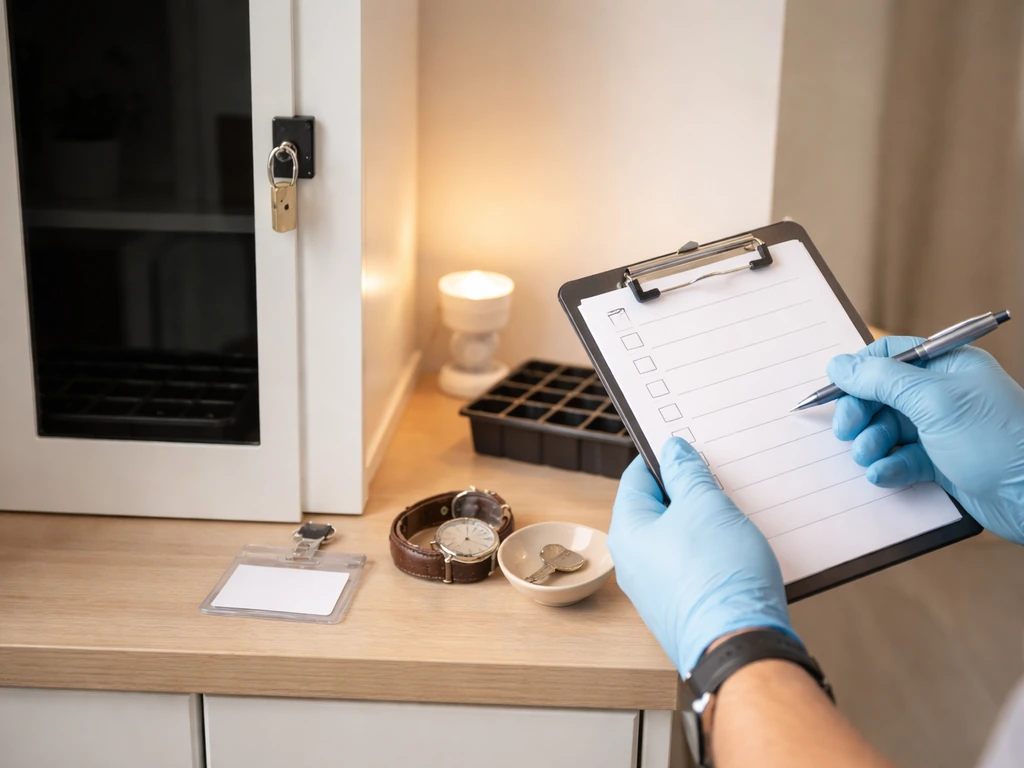 Gloved hands holding a blank checklist beside a locked indoor grow cabinet and simple home growing setup.