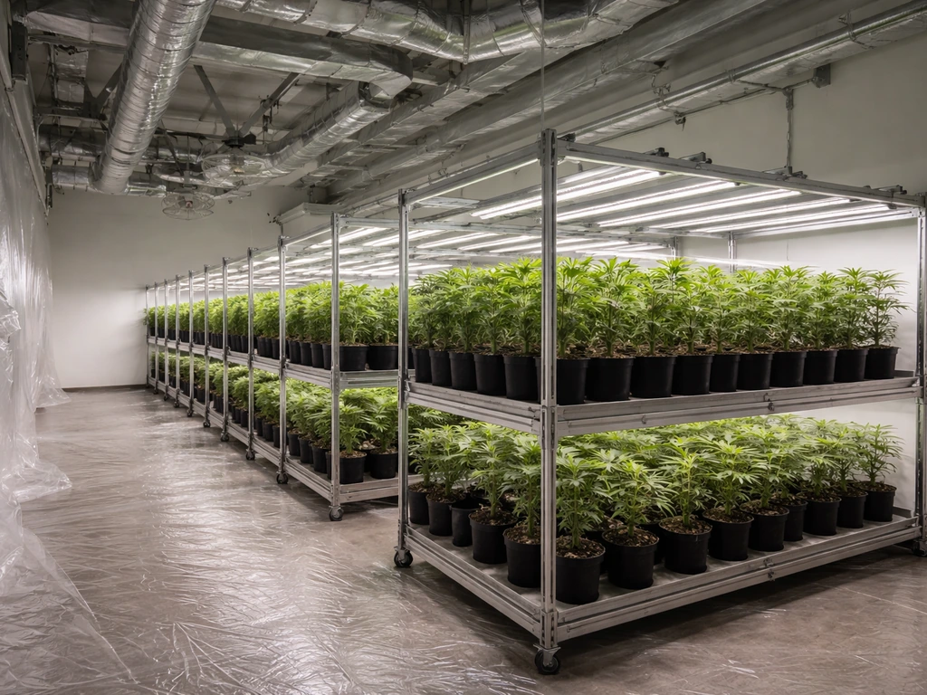 Minimal view of an indoor cannabis grow room with canopy racks and soft grow lights