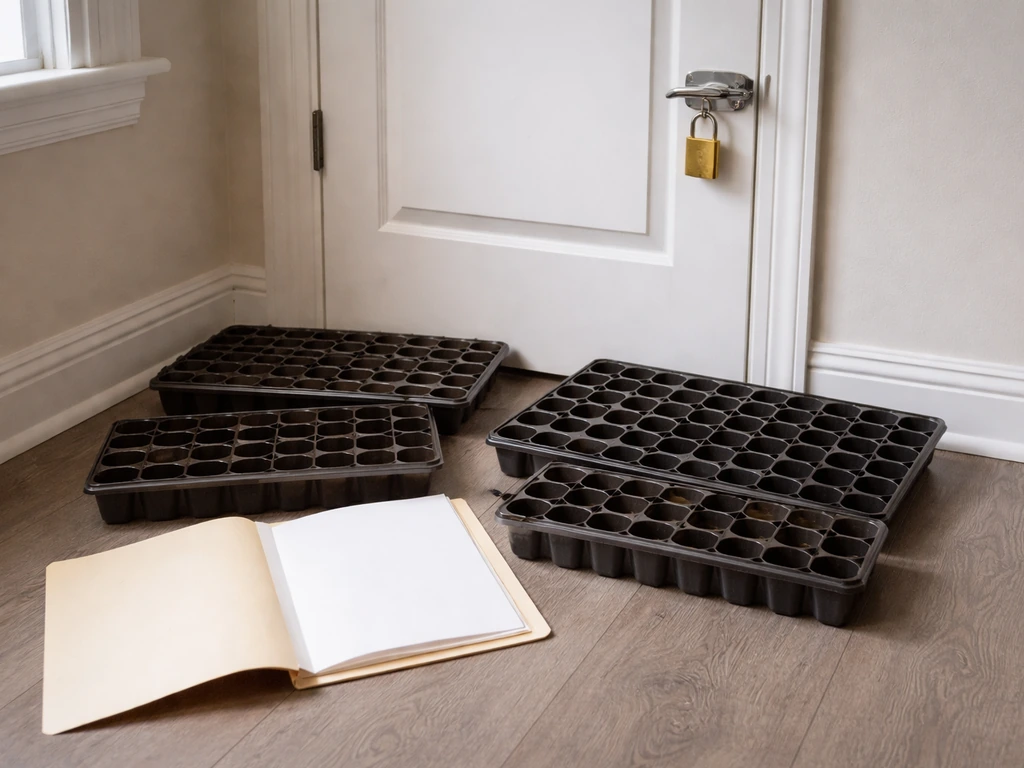 Minimal photo of a locked indoor grow closet with an open folder and a plant tally sheet left blank