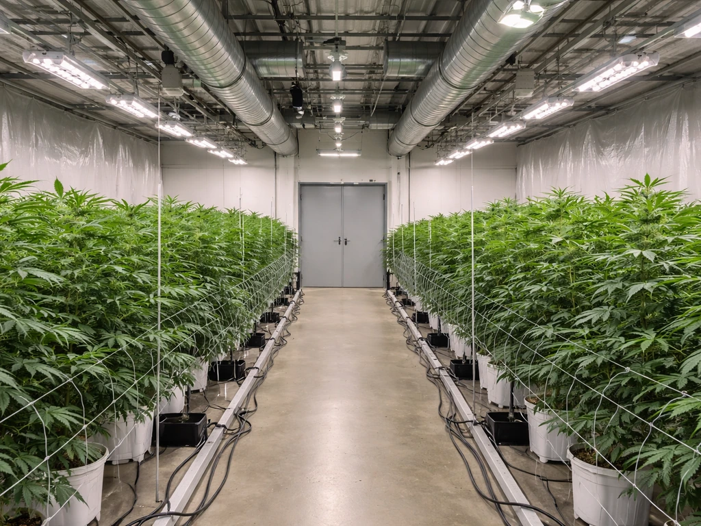 Minimal aisle in a licensed-style cannabis grow facility with controlled access doors and LED-lit grow rows.