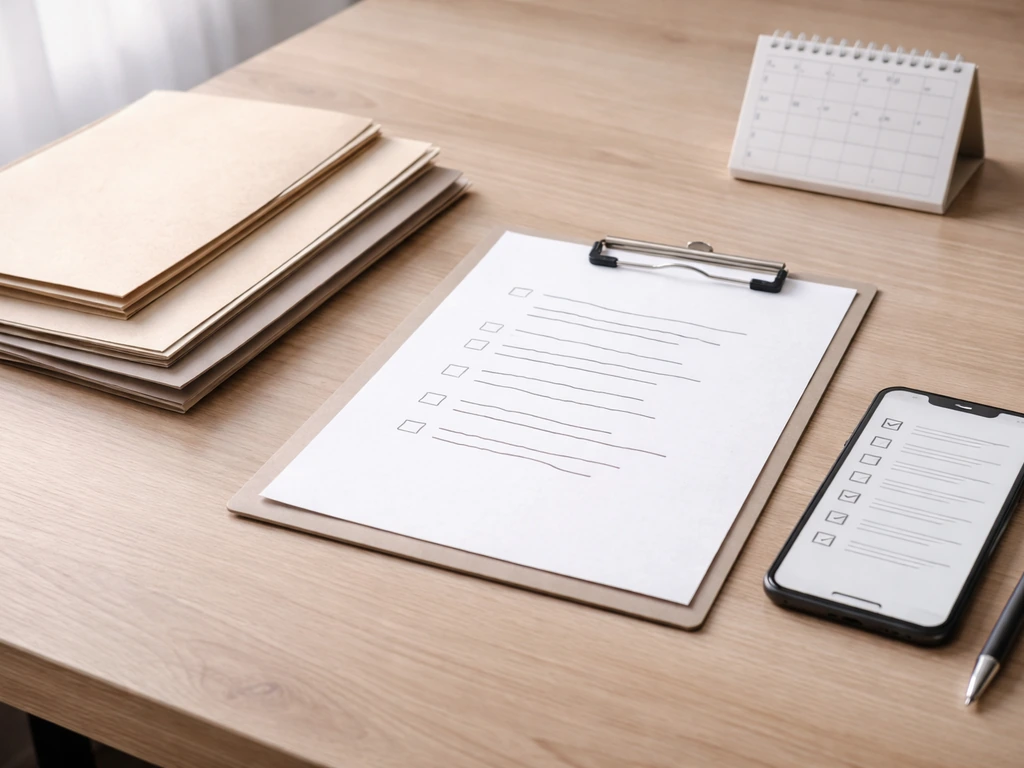Minimal desk scene with folders, paperwork, a pen, and a phone checklist for a permit application workflow.