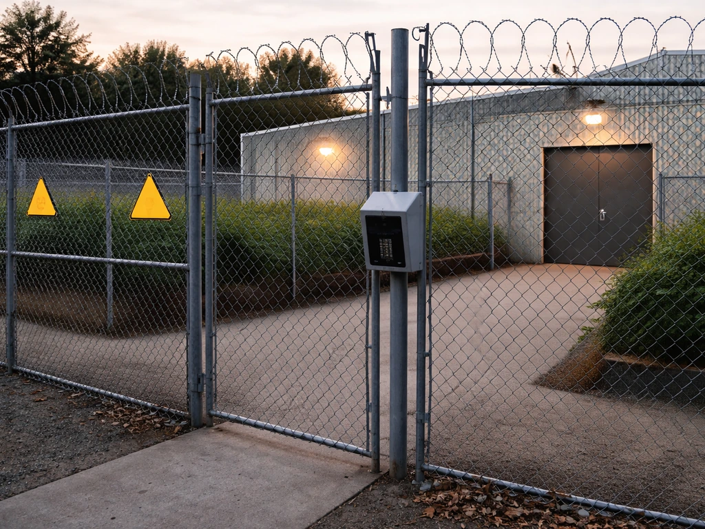 Compliant grow facility perimeter with fenced boundary, controlled access gate, and locked entry door.