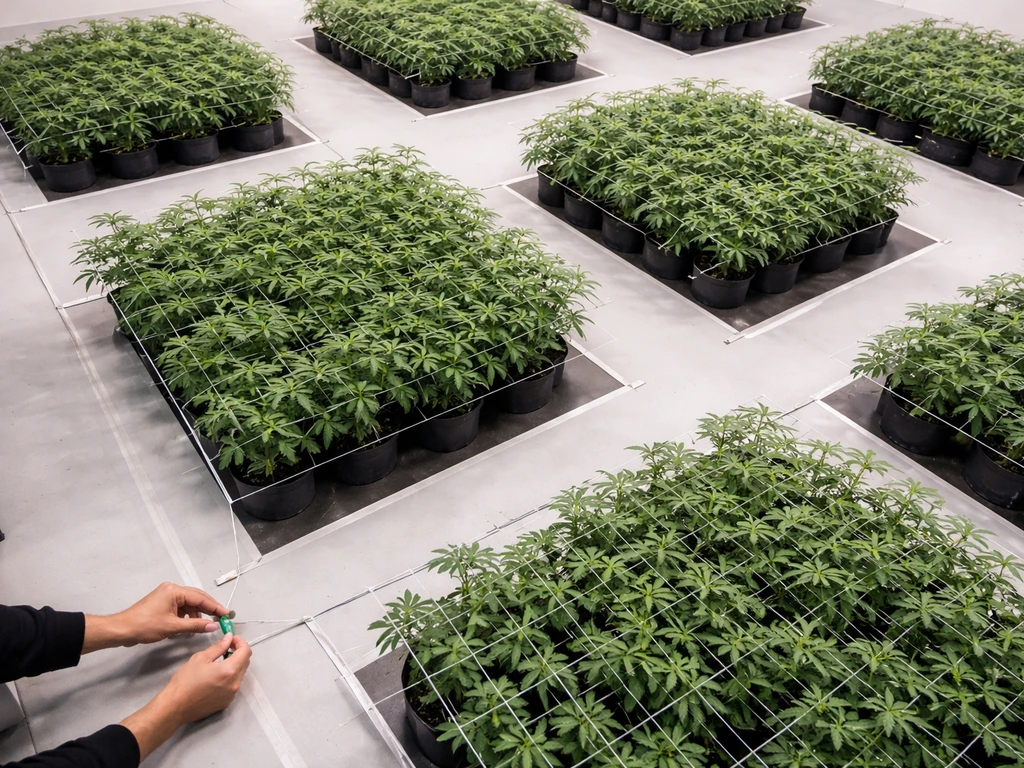 Overhead view of an indoor grow room showing separated canopy zones and plant/area boundaries on the floor.