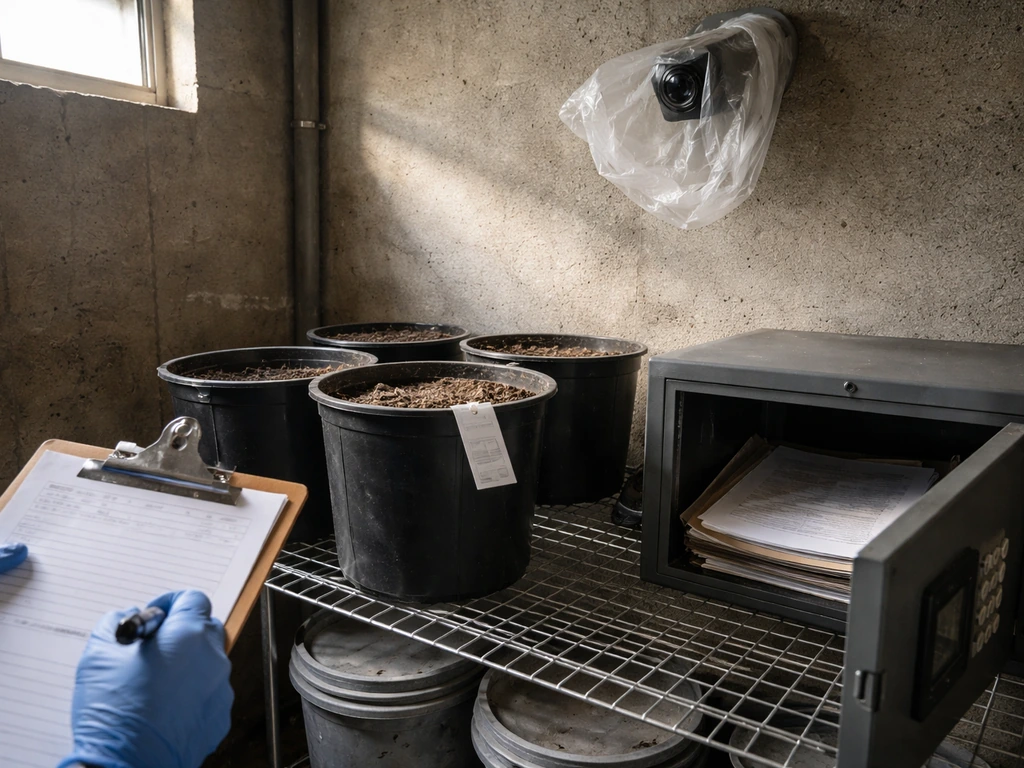 Inspection scene with missing inventory tag, open log folder, and blocked security camera view.