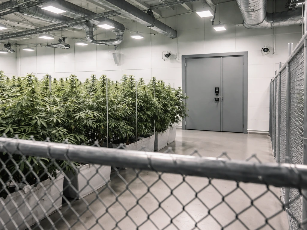 Secured Mississippi medical cannabis cultivation facility interior with compliance-grade doors, fencing, and grow lighti
