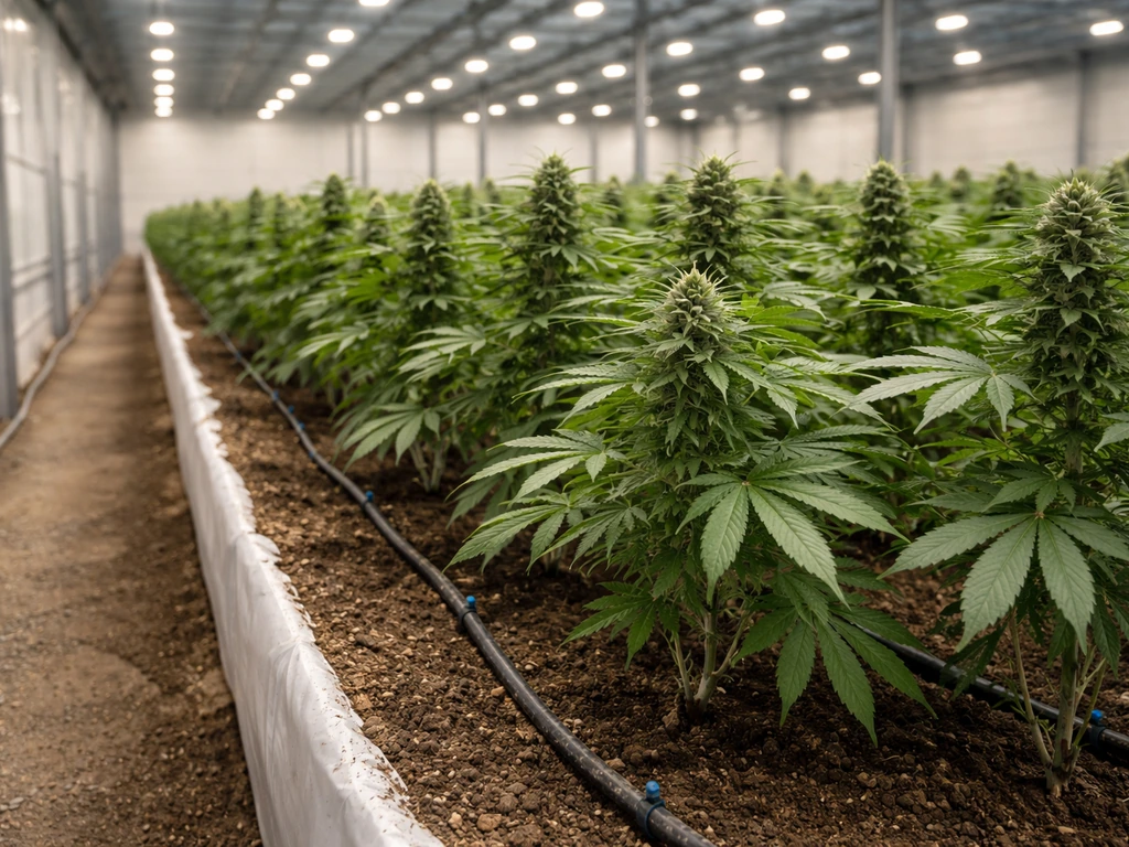 Green cannabis plants growing inside a secured cultivation room under grow lights