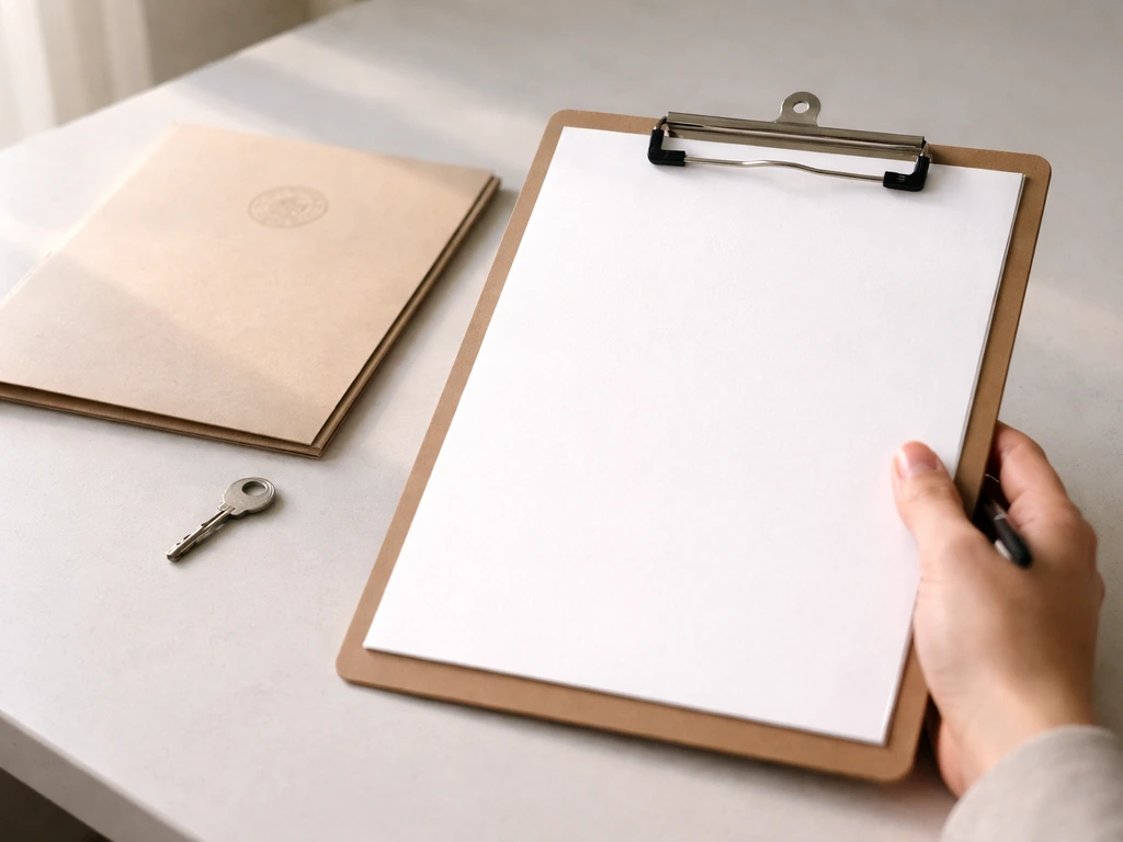 Minimal photo of a hand holding a clipboard with stamped paperwork beside a small key and blank paper.
