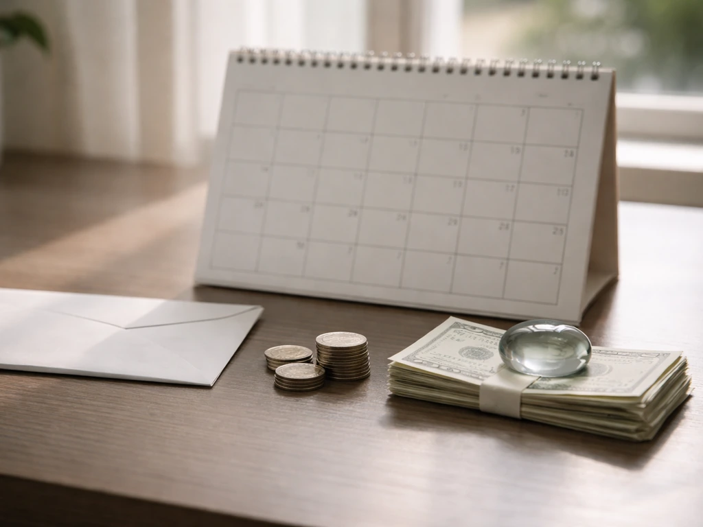 Minimal desk scene with a calendar and cash-like objects suggesting renewal fees
