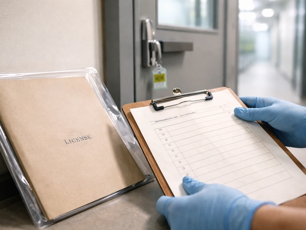 Hands reviewing cannabis cultivation license paperwork beside a clipboard near a secure grow-facility door