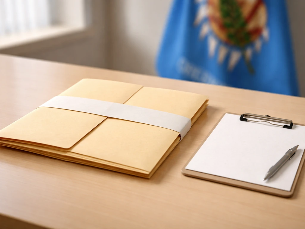 Close-up of a sealed paper application folder on a desk with an Oklahoma flag backdrop blur