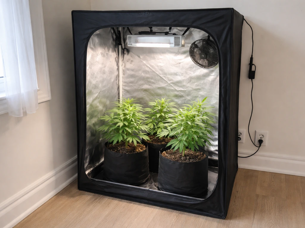 Indoor home grow setup with a few cannabis plants in fabric pots under soft LED light