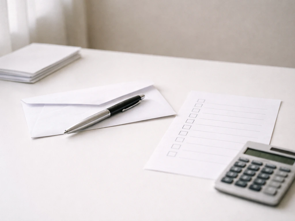 Close-up of a single envelope, pen, and blank checklist beside a calculator on a desk, suggesting licensing fees