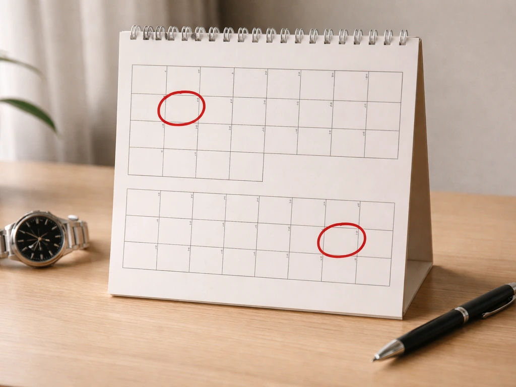 Minimal desk scene with a calendar and two highlighted date areas implying apply at least 3 months early.