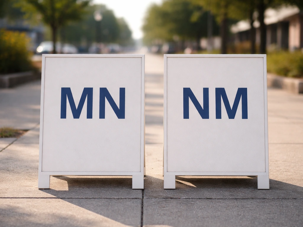 Two adjacent blurred signs showing postal abbreviations MN and NM side by side outdoors.