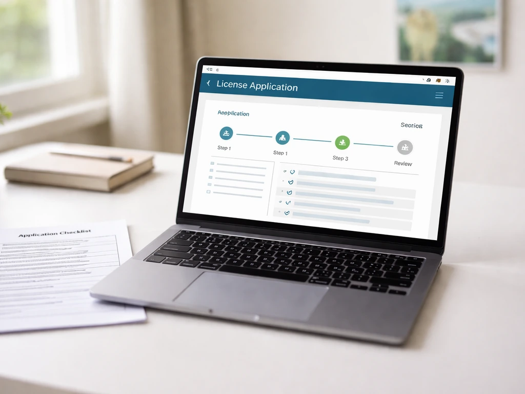 Laptop showing a licensing portal steps screen with a printed application checklist on a desk.