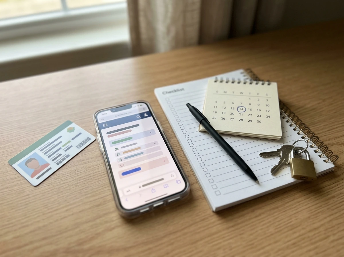 Medical card and compliance checklist next to a locked-grow-related keyring