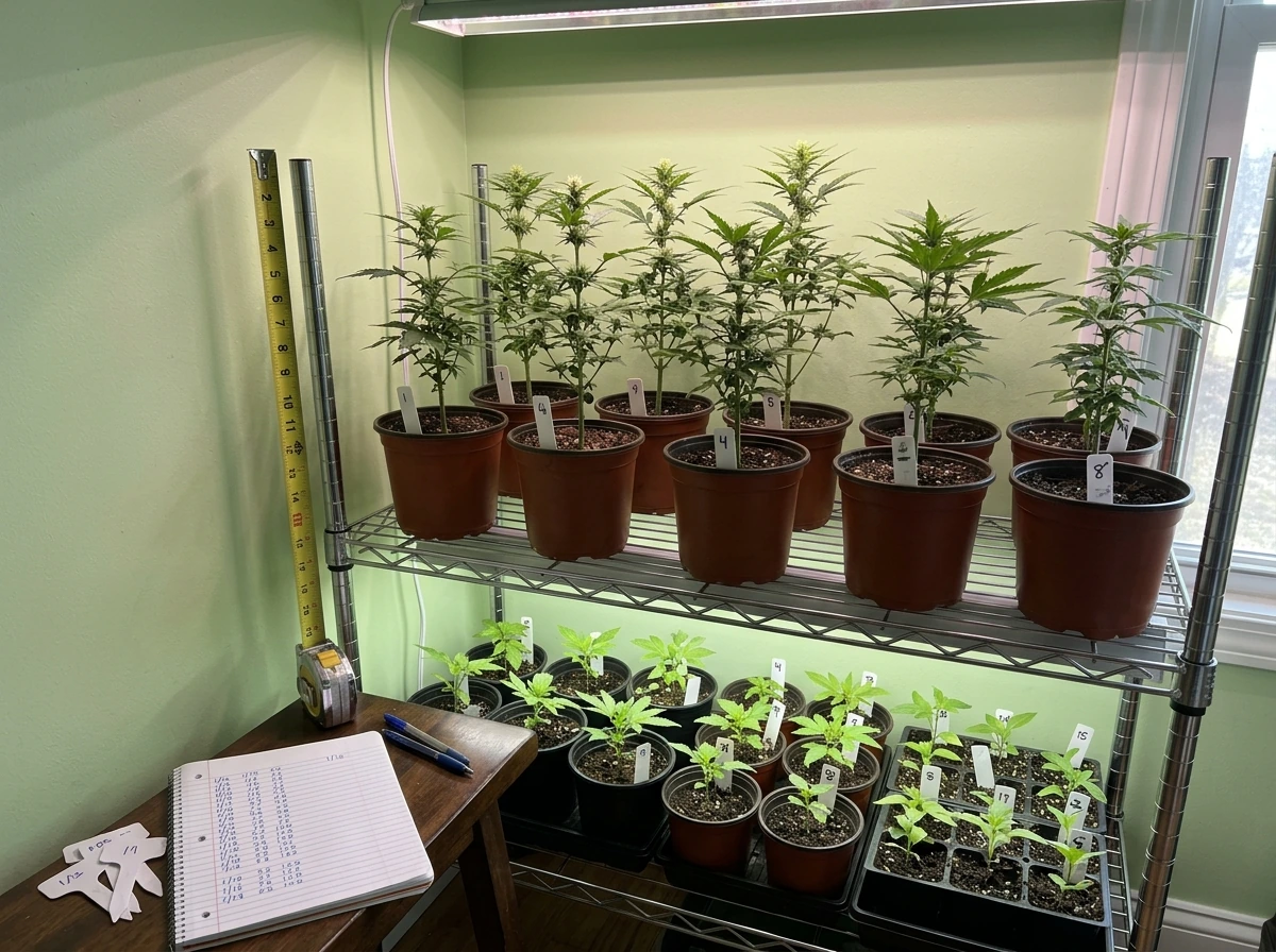 Mature vs immature plant count setup with tags and measuring tape