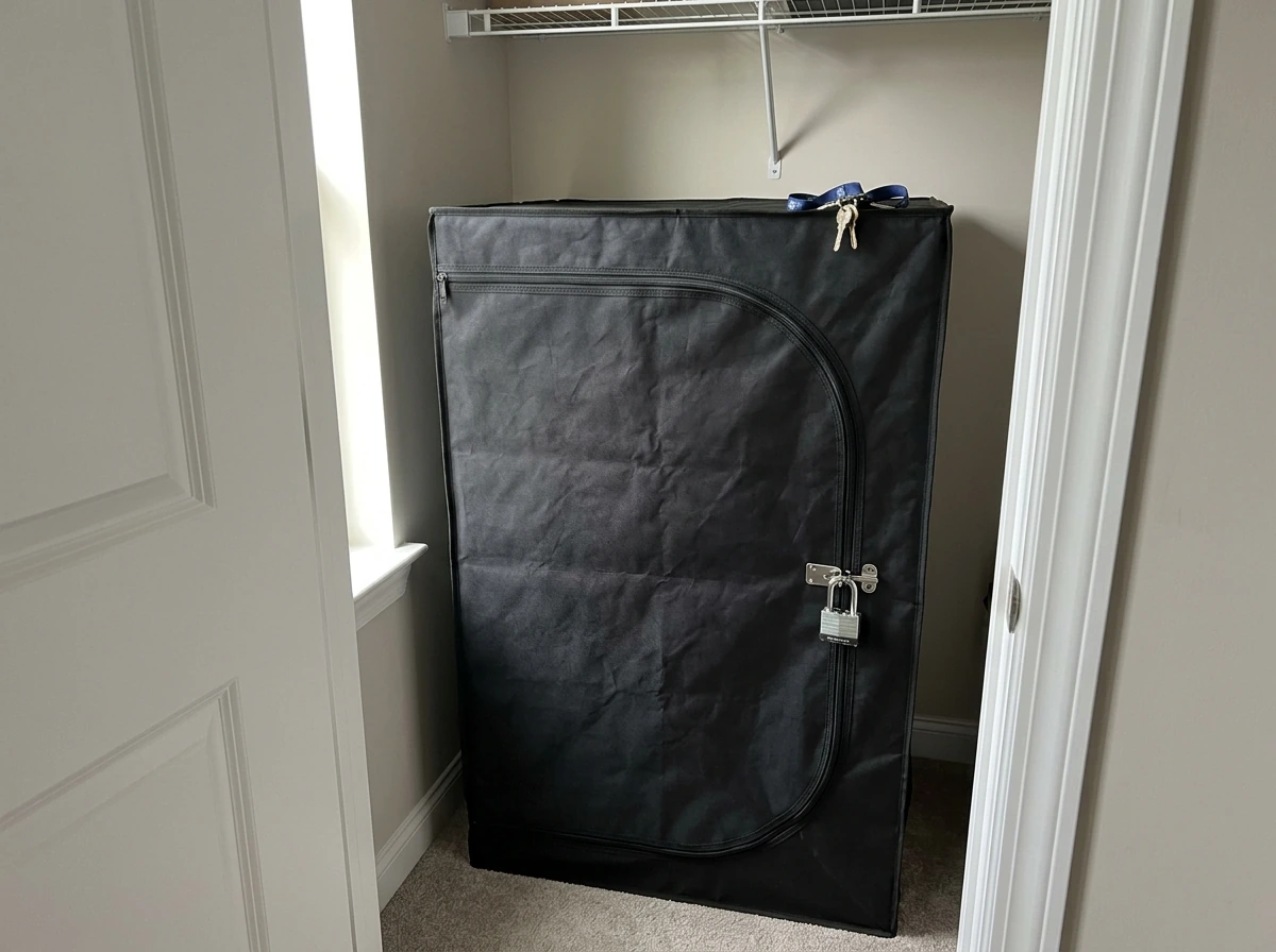 Locked grow cabinet or tent demonstrating security and out-of-view placement