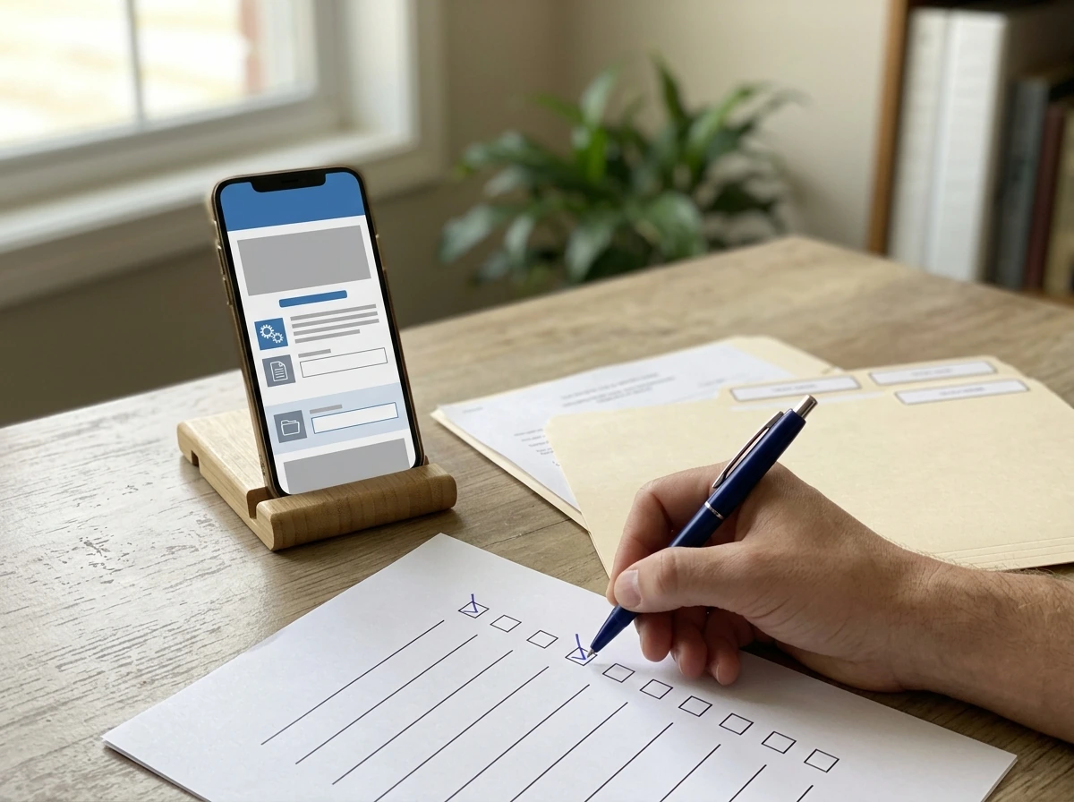 Hand filling blank compliance form next to phone and checklist