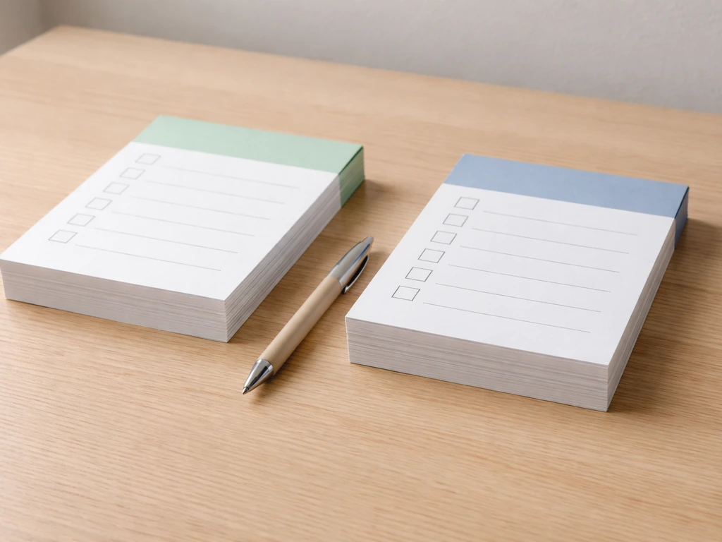 Two neatly arranged paper checklists on a desk showing adult-use and medical cannabis license options