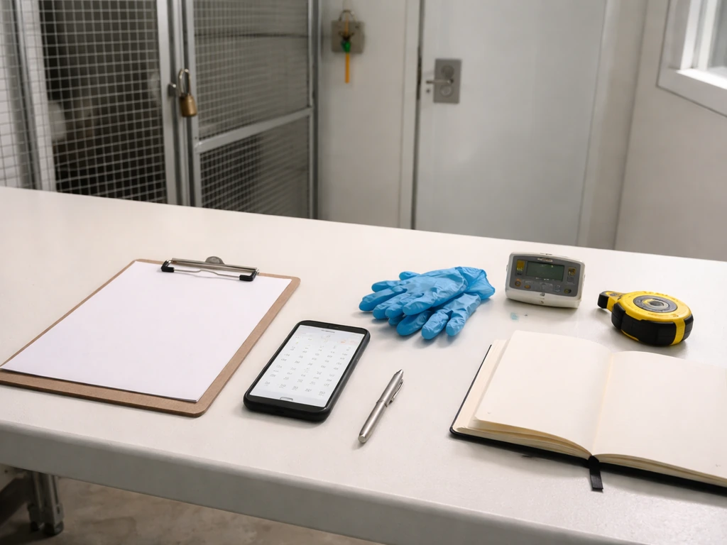 Minimal grow-room compliance planning setup with padlock, measuring tools, and blank papers on a bench.