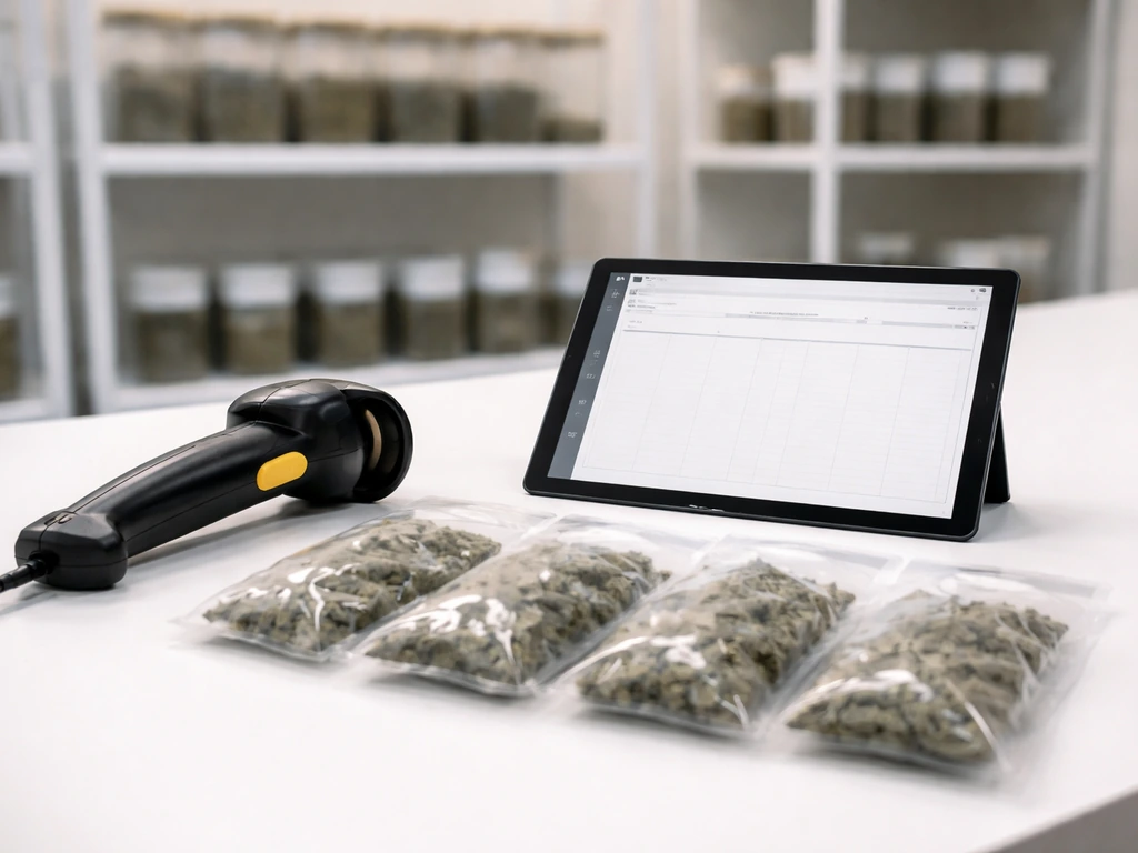 Cannabis inventory tracking scene with a tablet and barcode scanner beside neatly organized product batches