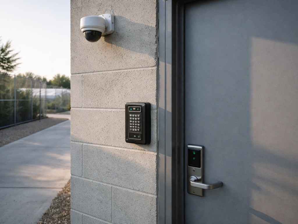 Security camera and controlled entry lock beside a metal door in a clean facility entrance area.